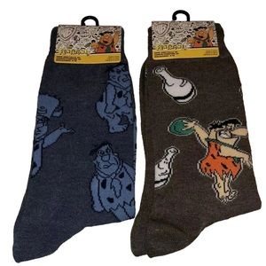 The Flintstones Crew Socks 2 Pair Men's 6-12  Blue Brown Bowling Fred Cartoon TV